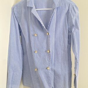 Blue Striped Double-Breasted Shirt with Gold Buttons